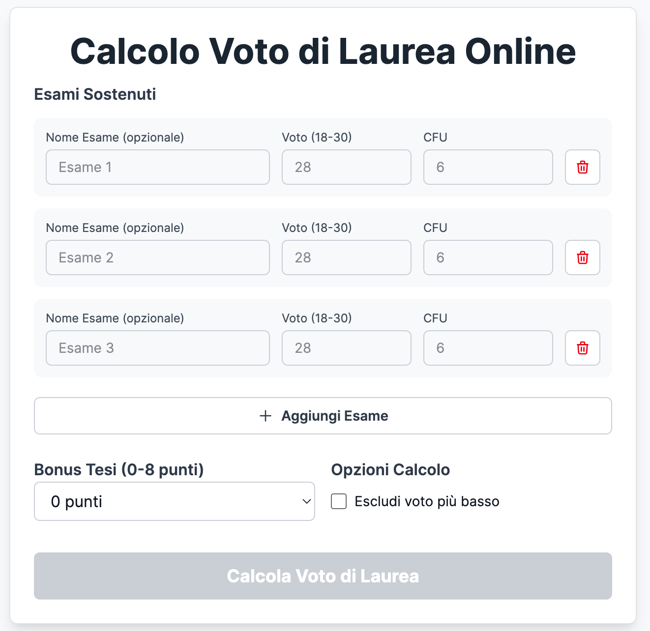 Anteprima del calcolatore voto di laurea — inserisci voti, CFU e bonus tesi per calcolare il voto finale